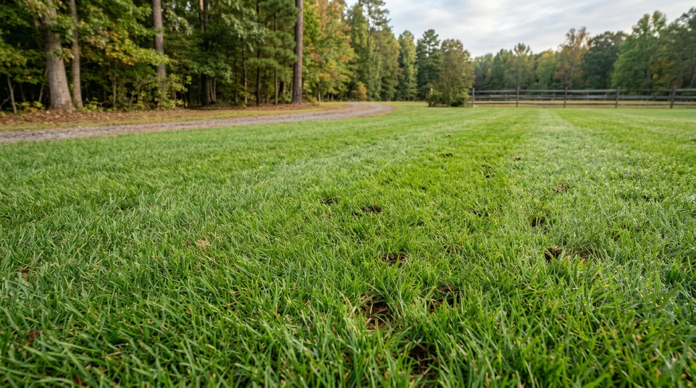 Close view of core aeration soil plugs scattered across a North Carolina lawn, prepped for fall overseeding