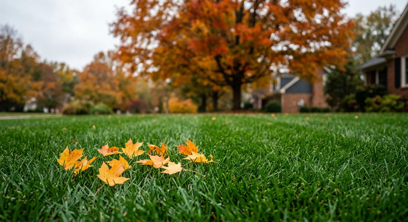 Dense green fescue turf with fallen maple leaves, part of a fall lawn fertilizer schedule North Carolina lawns follow