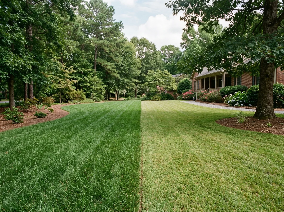 Fescue and warm season grass side by side, relevant to late summer lawn fertilization timing in NC