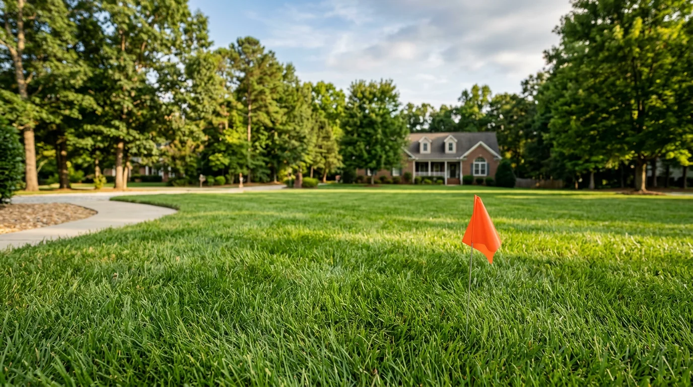 Grub control treatment marker placed in a healthy NC lawn