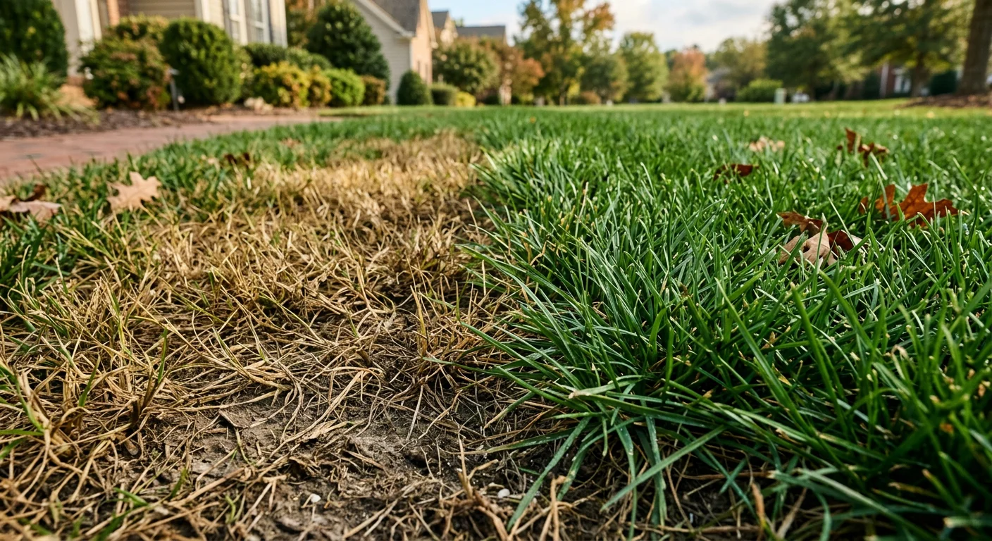 Patch of thin, spongy lawn showing grub damage, a sign fall lawn pest control nc treatment is needed