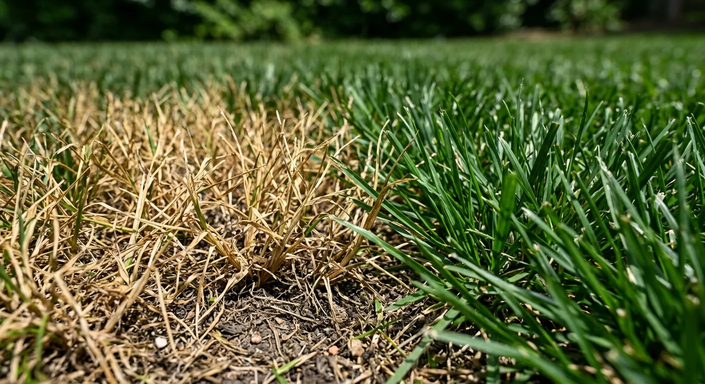 Heat-stressed and drought-damaged NC lawn grass beside healthy green turf in summer