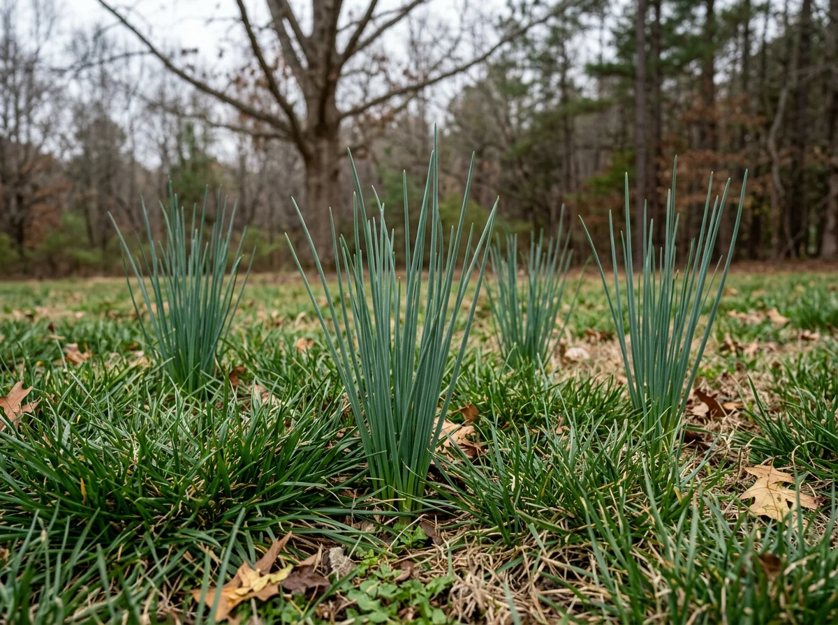 Tall wild garlic shoots rising above a fescue lawn in late fall, a common target of fall weed control in NC.