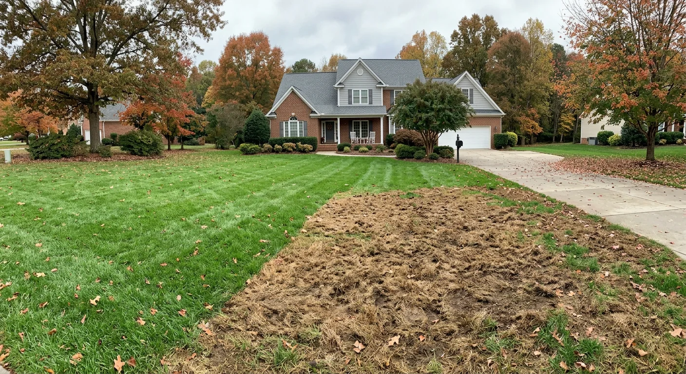 A sharp line between healthy and armyworm damaged turf, a clear sign fall lawn pest control nc is overdue