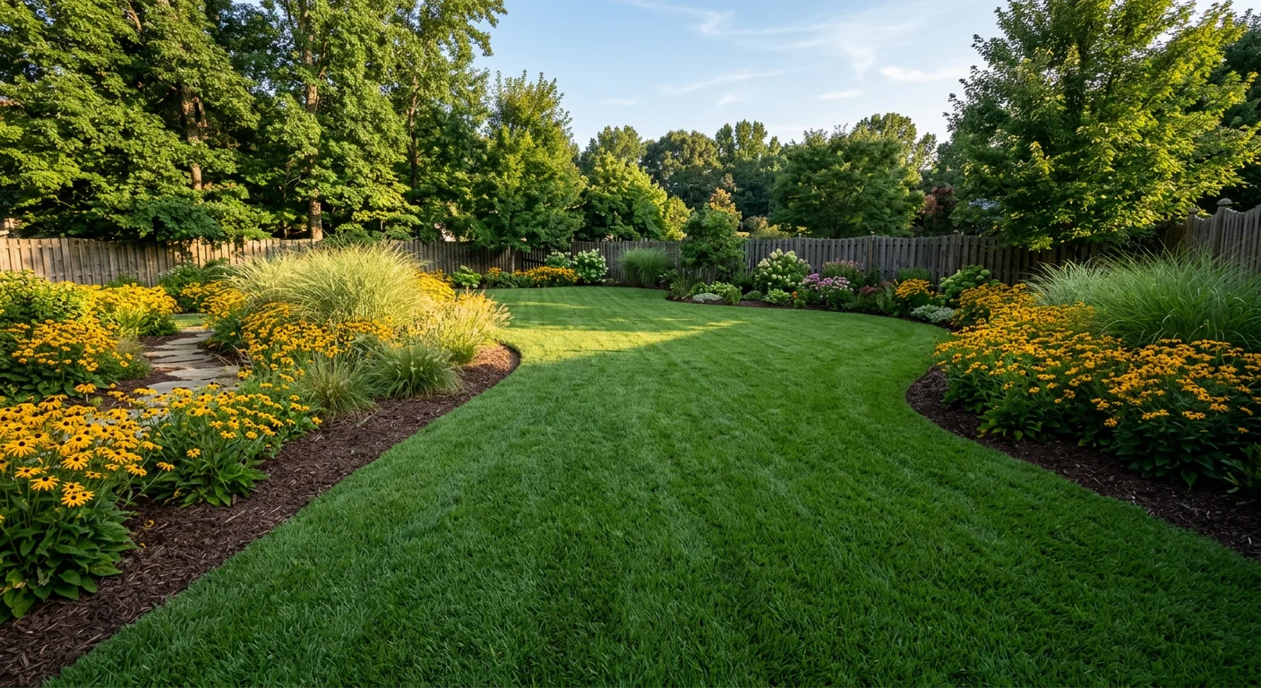 Healthy fertilized NC lawn in summer with dense green Bermuda grass and native plantings