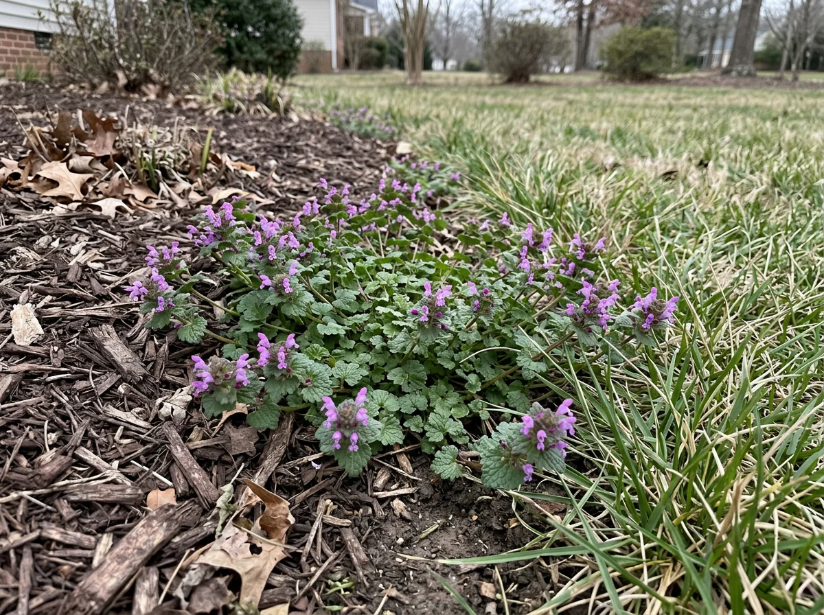 Henbit with purple flowers spreading across a lawn edge in late winter, a weed that fall weed control in NC helps prevent.