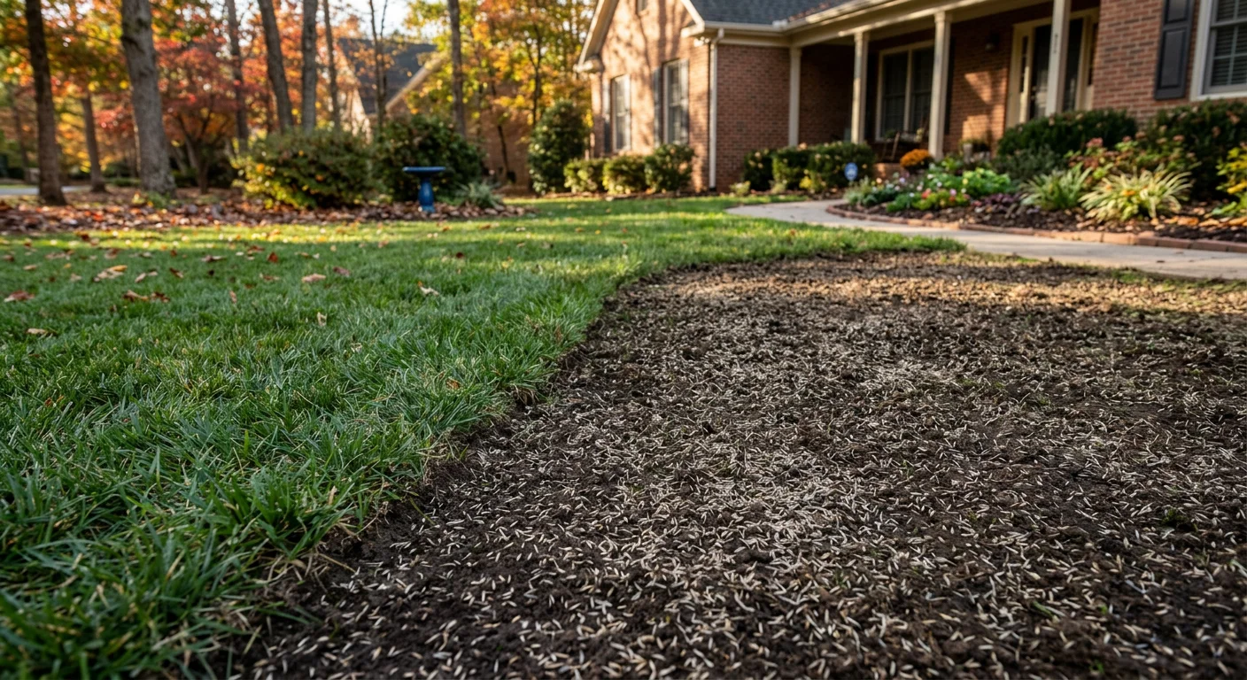 Freshly overseeded North Carolina lawn after fall aeration and overseeding, new grass seed spread across turf