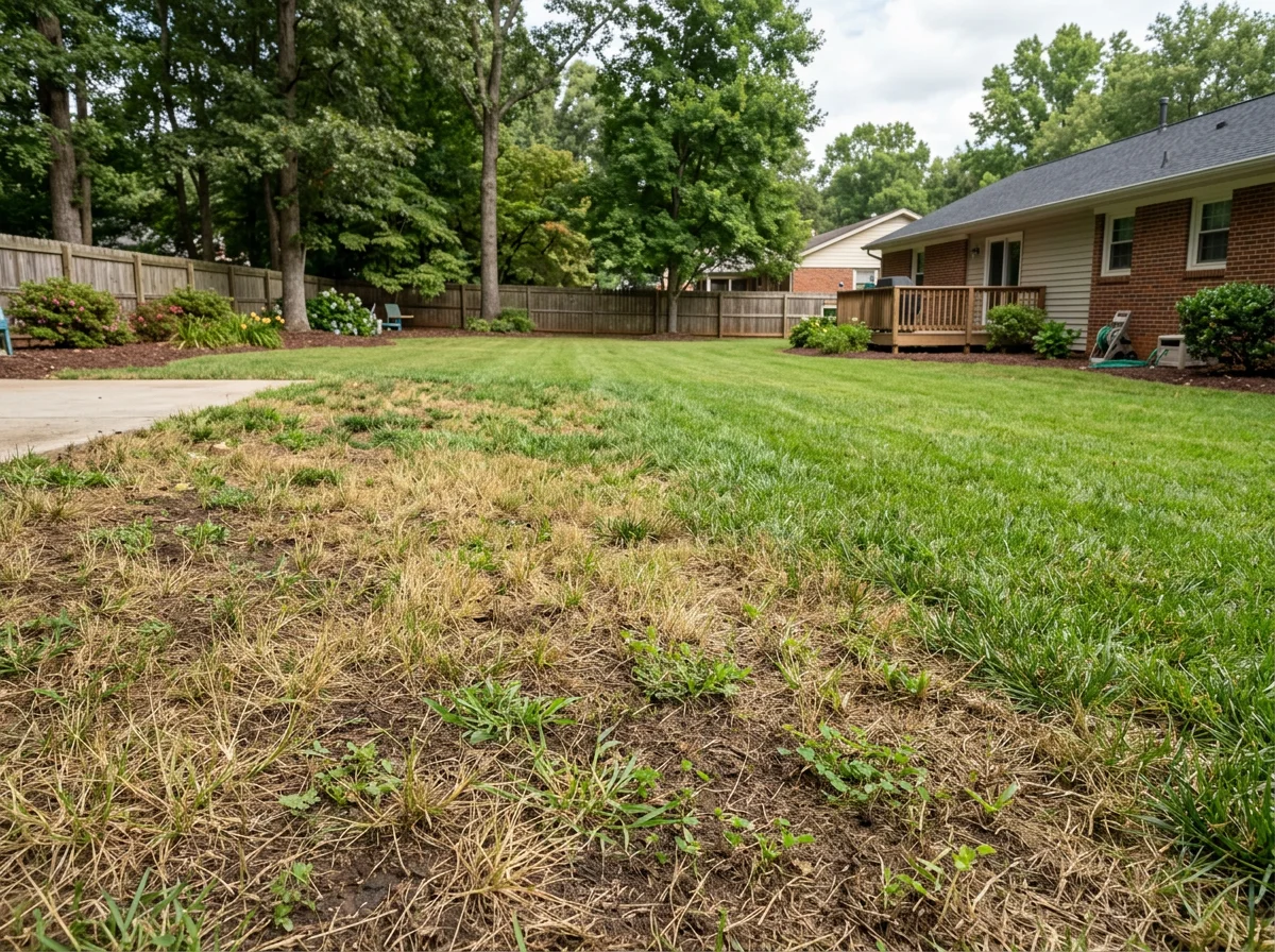 Patchy North Carolina lawn section needing late summer lawn fertilization before fall growth