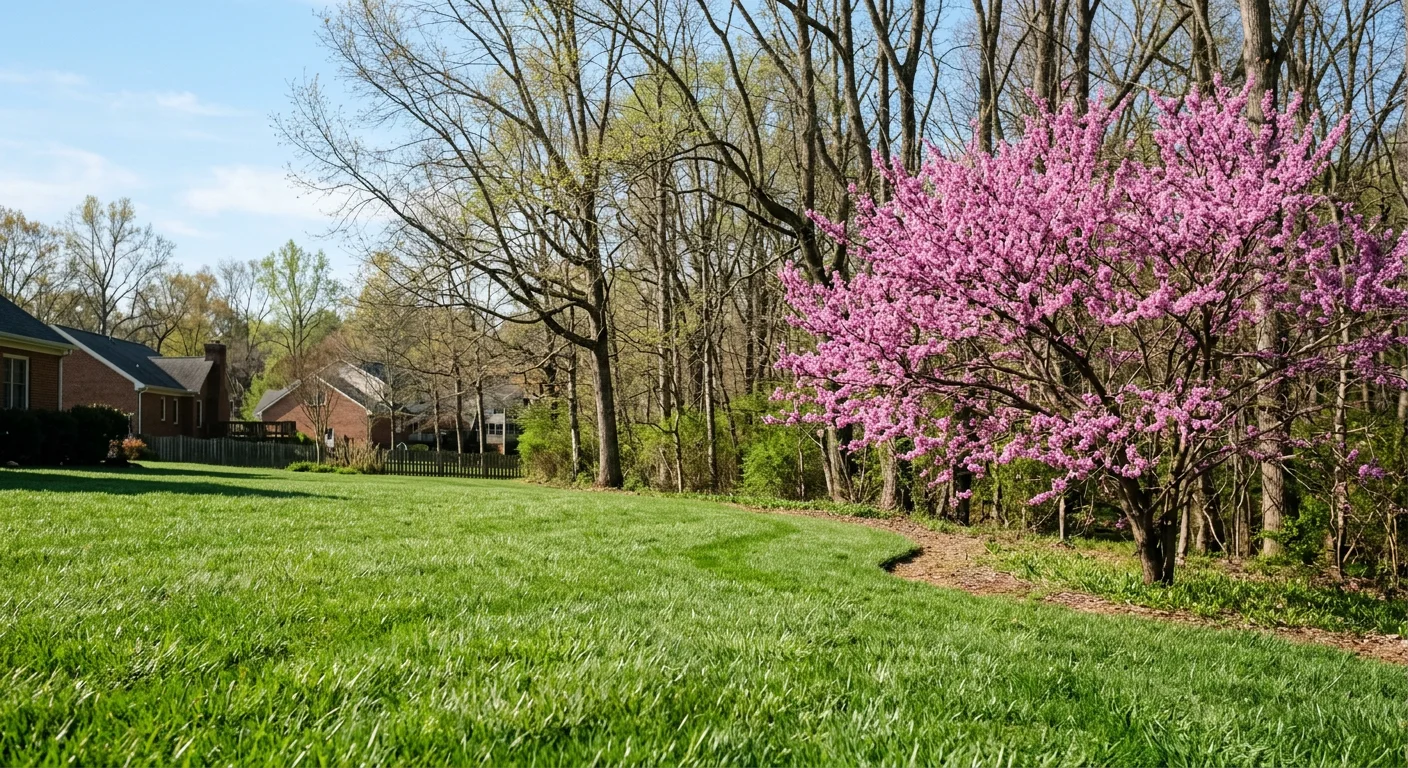 Fescue lawn greening up beside a blooming redbud, part of a lawn fertilizer schedule North Carolina yards need