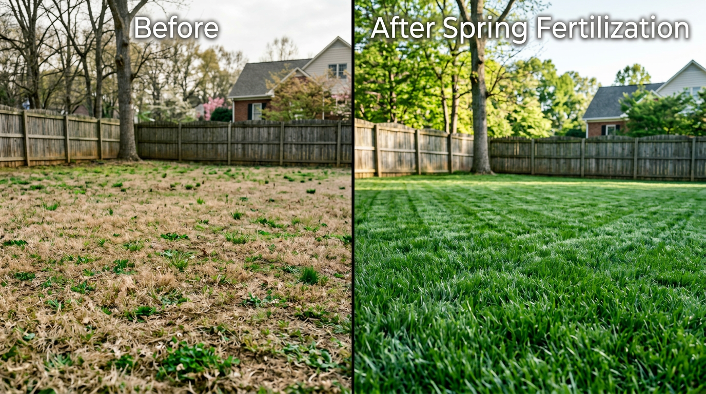 Before and after spring fertilization results on a Hillsborough, NC lawn