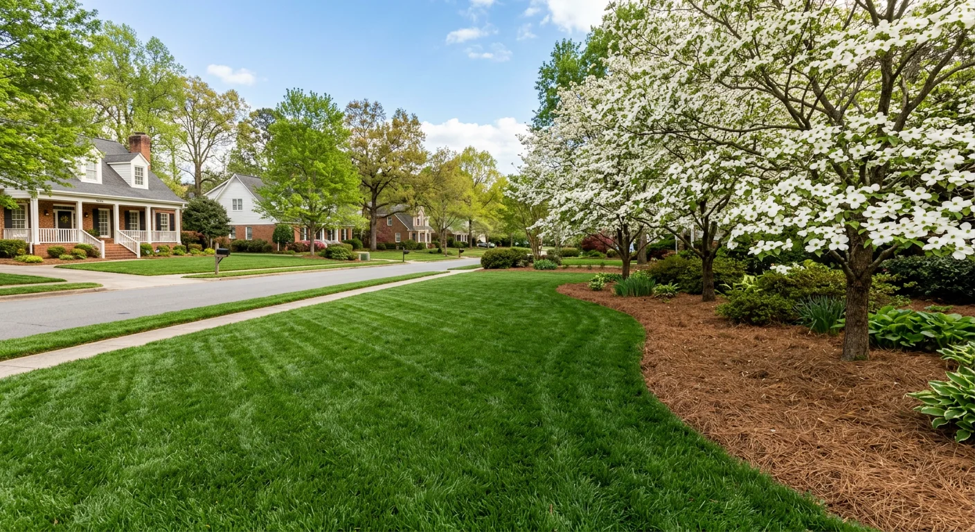 Visible benefits of proper spring fertilization schedule in Chapel Hill, NC including thicker lawn and better weed resistance