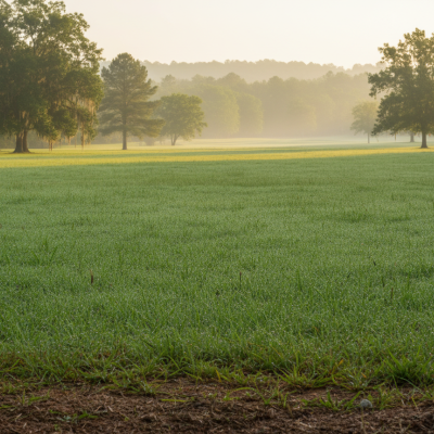 Best lawn fertilizer service in Hillsborough NC demonstrating enhanced turf health in a typical local climate with dewy grass.