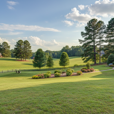 Organic lawn fertilizer application results in Hillsborough NC, featuring a sustainable yard with local pine trees and healthy turf.