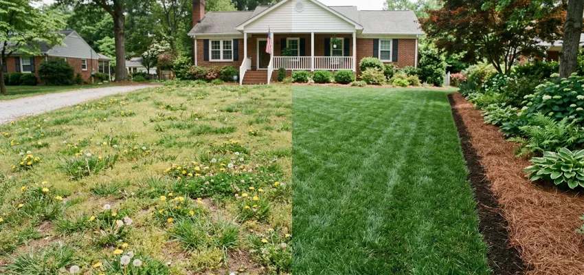 Common weeds NC before and after effective organic weed control near me, showing healthier lawn in Hillsborough, NC.