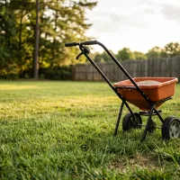 Broadcast spreader on a North Carolina lawn showing late summer lawn fertilization prep before fall