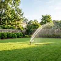Sprinkler watering a healthy green NC lawn during summer lawn care in the piedmont region