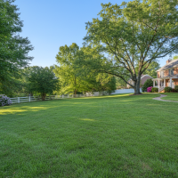 Healthy lawn in Hillsborough NC after professional fertilization, showcasing vibrant grass and local oak trees for optimal yard care.