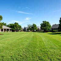 Homeowner applying lawn fertilizer to a lush Mebane yard.