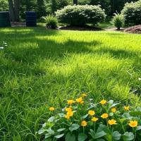 Lush green backyard in Mebane, NC, showcasing sustainable lawn care with a compost pile, rain barrel, and native wildflowers under a clear blue sky.