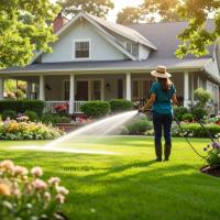 Gardener maintaining a weed-free Hillsborough lawn with a sprayer.