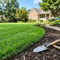 Weed control near me in Hillsborough, NC for pristine lawns using effective strategies like mulch and hand tools on healthy fescue grass.