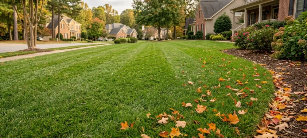 Lawn undergoing fall aeration and overseeding, soil plugs visible across green grass in a North Carolina yard