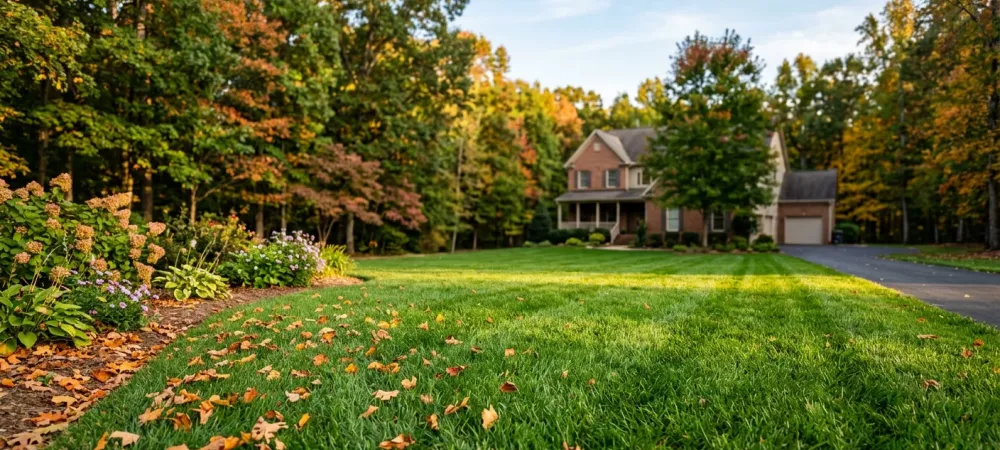Healthy green lawn in early fall in North Carolina, protected by proactive fall lawn pest control nc treatment