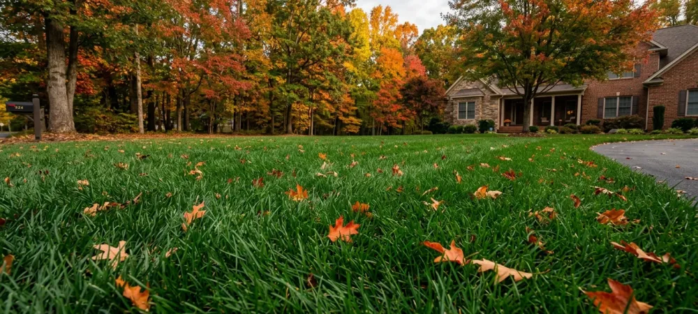 Thick tall fescue lawn in a Piedmont front yard in autumn, the ideal condition for fall weed control in NC