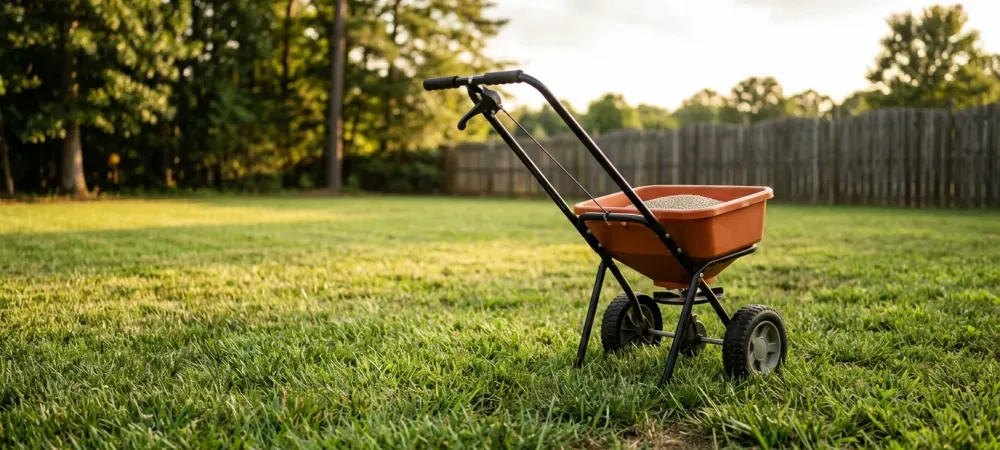 Broadcast spreader on a North Carolina lawn showing late summer lawn fertilization prep before fall
