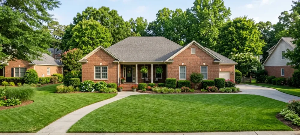 Lush green lawn cared for through professional lawn care in Burlington, NC, in a Piedmont neighborhood setting