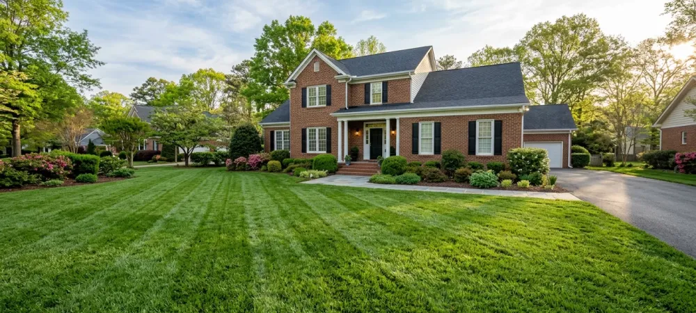 Healthy green lawn showing results of professional lawn care Graham NC services on a Piedmont home
