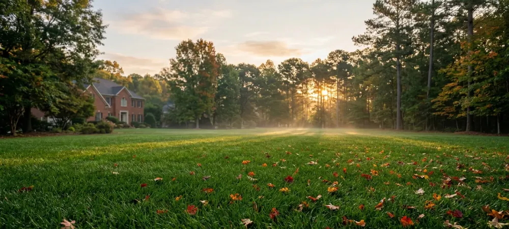 Lawn fertilizer schedule North Carolina: thick green fescue lawn at sunrise with oak trees and fallen leaves