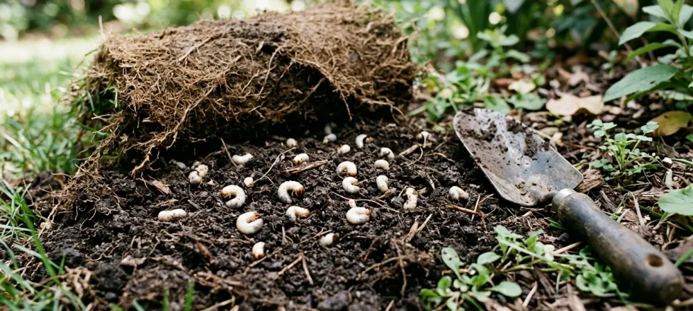 Lawn grubs found beneath damaged turf on a NC lawn in summer