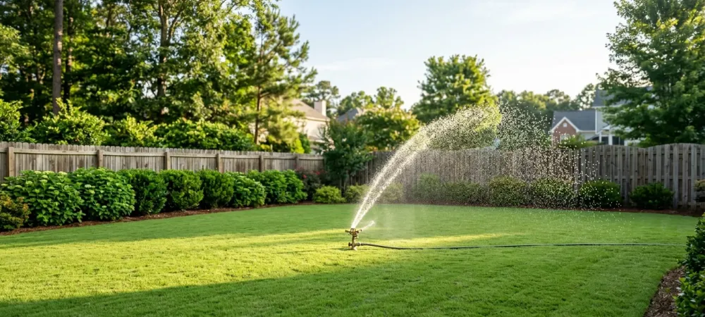 Sprinkler watering a healthy green NC lawn during summer lawn care in the piedmont region