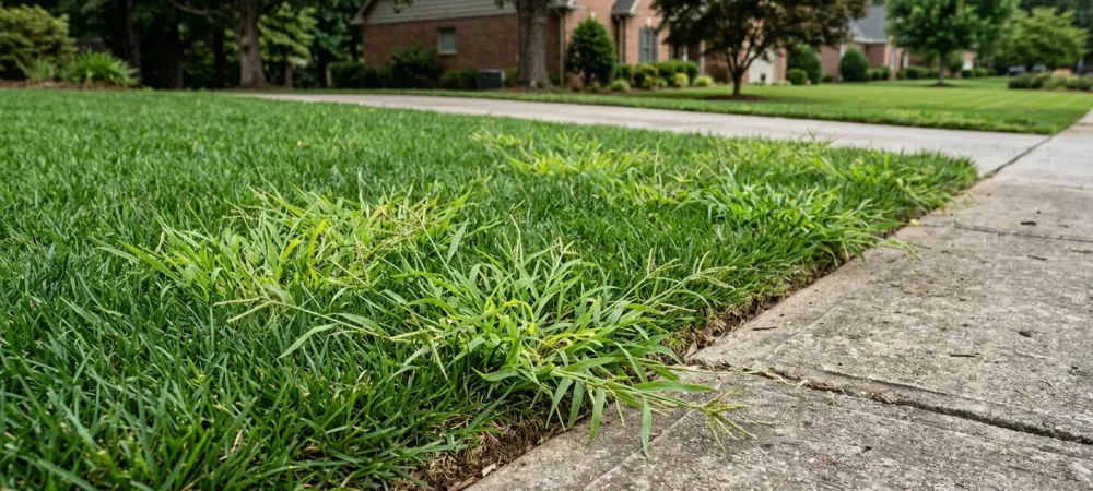 Summer weed control in NC lawn showing crabgrass invading turf edge near sidewalk