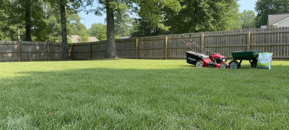 Best lawn care companies near me in Mebane NC for professional maintenance and services, showing a sunny suburban lawn with mower and tools.