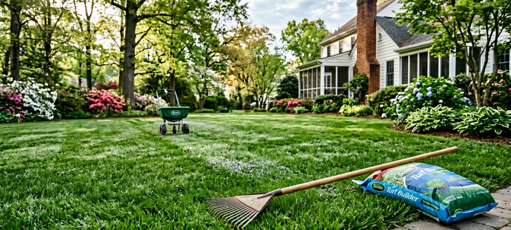 Spring lawn fertilization schedule application in Hillsborough, NC for thicker greener grass