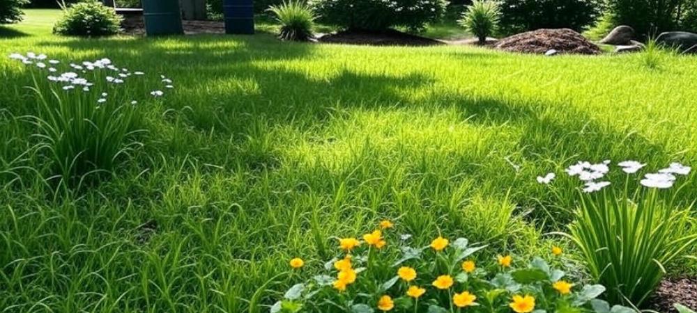 Lush green backyard in Mebane, NC, showcasing sustainable lawn care with a compost pile, rain barrel, and native wildflowers under a clear blue sky.