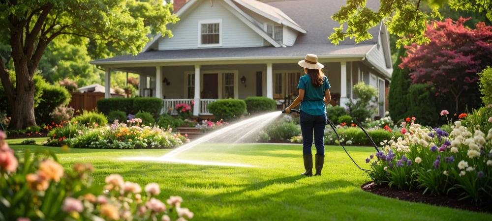 Gardener maintaining a weed-free Hillsborough lawn with a sprayer.