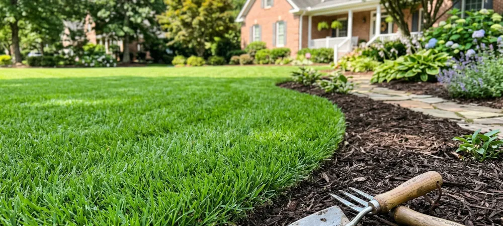 Weed control near me in Hillsborough, NC for pristine lawns using effective strategies like mulch and hand tools on healthy fescue grass.